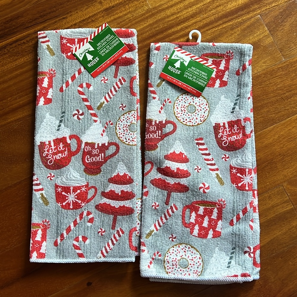 Christmas Let It Snow Candy Cane Microfiber Kitchen Towel 15" x 25" Set of 2 NWT
